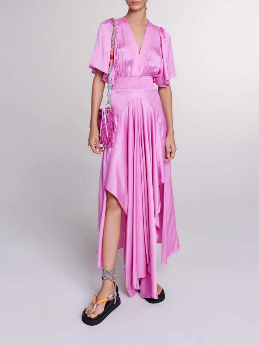 Maje Pink High-Low Silk Dress